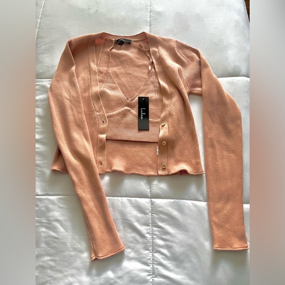 Lulus// Two Cute Peach Ribbed Knit Crop Top and Cardigan Sweater Set - Picture 12 of 12